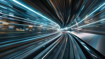 Dynamic motion blur cityscape with blue and white streaks depicting speed and movement.