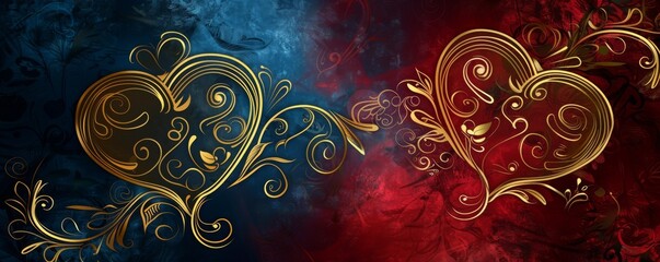 Elegant Valentine's Day wallpaper with golden hearts on blue and red background