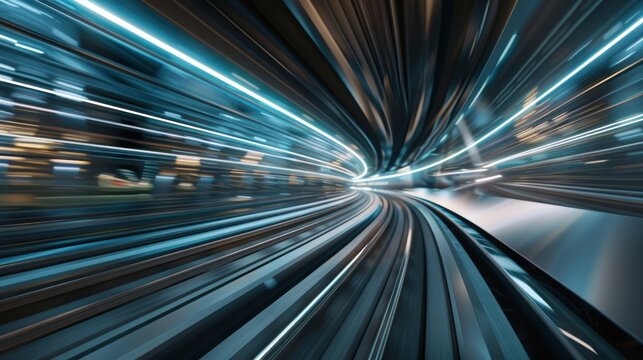 Dynamic motion blur cityscape with blue and white streaks depicting speed and movement.