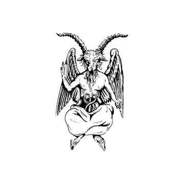 Vintage retro hand drawn scary demon Baphomet satanist symbol vector art design