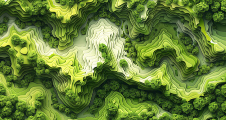 Obraz premium Abstract painting of contour trenches with green grass bushes and banks of small lake