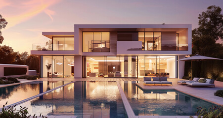 Fototapeta premium Beautiful evening at a minimalistic cubic villa with clean swimming pool 