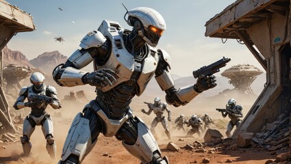 Futuristic Robot Soldier in Desert Combat