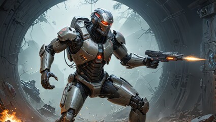 Fototapeta premium Futuristic Robot Soldier in Action