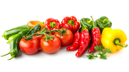 Red paprika isolated on white background, Composition, Colorful organic sweet bell peppers, natural background, Chili pepper green, red, yellow, orange, cherry tomatoes on  boards against whit
