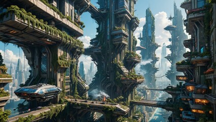 Fototapeta premium Futuristic Cityscape with Flying Car and Greenery