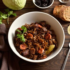 Stewed cabbage (polish bigos) with sauerkraut, mushrooms, smoked meats and spices