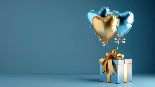 Birthday holiday background design. Happy birthday greeting card with airfield blue and gold love shape balloons with copy space. concept for wish card, birthday celebration, birthday event