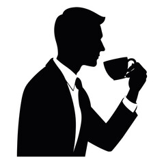 A business man Drink tea or coffee standing pose vector silhouette isolated white background