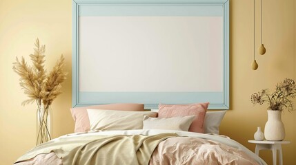 A serene bedroom with a soft blue frame with copy space on a pale yellow wall, above a bed with pastel linens and a cozy blanket.