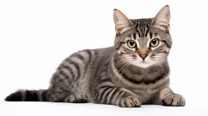 Close-up of a relaxed, striped tabby cat lying down against a white background, looking directly at the camera.