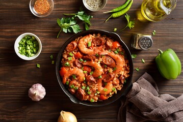 Creole style jambalaya with prawn, smoked sausages, chiken and vegetables