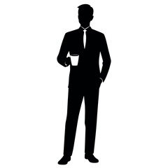 A business man Drink tea or coffee standing pose vector silhouette isolated white background