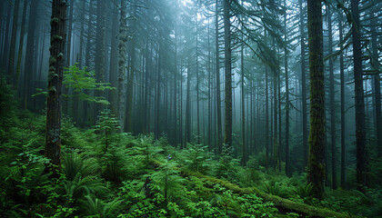 Fototapeta premium A mysterious and gloomy forest in the Pacific Northwest on a rainy and foggy day, located in North Vancouver, British Columbia, Canada. Perfect for nature and landscape-themed content.