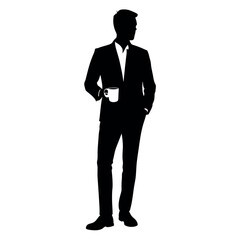 A business man Drink tea or coffee standing pose vector silhouette isolated white background