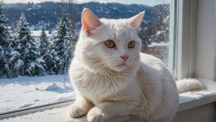 White Cat Looking Out the Window at Winter Scenery