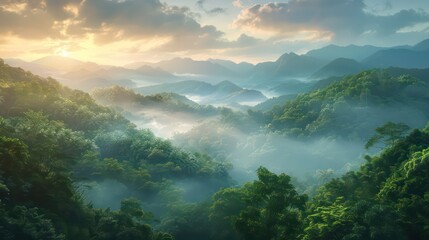 Misty Hills at Dawn: Serene Mountain Landscape with Fog