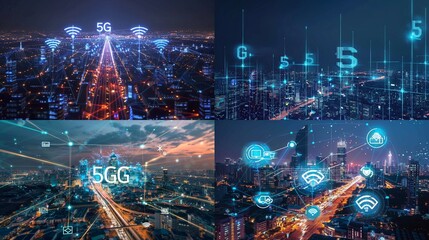 A futuristic image of a smart city with 5G network symbols indicating high-speed wireless connectivity throughout.