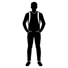 Fototapeta premium A man with a backpack keeps his hands on the waist vector silhouette