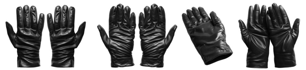 Set of black leather hand gloves, front back and flat lay view on transparent cutout PNG file. Mockup template for artwork design