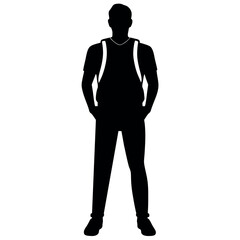 Fototapeta premium A man with a backpack keeps his hands on the waist vector silhouette