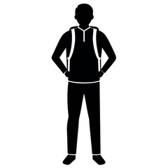 A man with a backpack keeps his hands on the waist vector silhouette