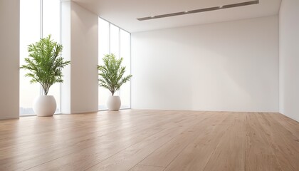 Empty room interior background, beige wall, pot with plant, wooden flooring 3d rendering