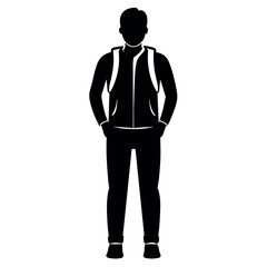A man with a backpack keeps his hands on the waist vector silhouette