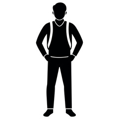 A man with a backpack keeps his hands on the waist vector silhouette