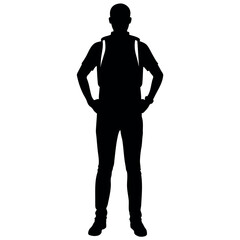 A man with a backpack keeps his hands on the waist vector silhouette