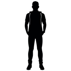 A man with a backpack keeps his hands on the waist vector silhouette