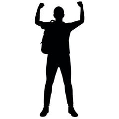 A man with a backpack keeps his hands on the waist. raised one hand high above his head Front view, full face. Isolated vector Silhouette