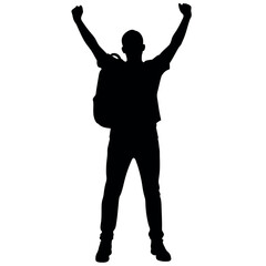 A man with a backpack keeps his hands on the waist. raised one hand high above his head Front view, full face. Isolated vector Silhouette