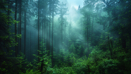 Photo of a Pacific Northwest forest on a rainy and foggy day in North Vancouver, British Columbia, Canada. Perfect for nature and travel-related content.