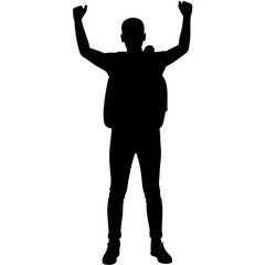 A man with a backpack keeps his hands on the waist. raised one hand high above his head Front view, full face. Isolated vector Silhouette