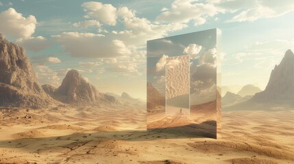 Enchanting desert scene featuring a mirror plane, offering a surreal portal illusion, perfect for eye-catching commercial banners