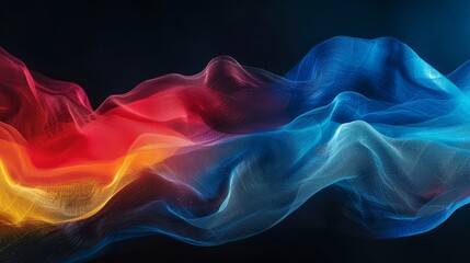 Obraz premium Grainy gradient blend of blue, red, yellow, abstract glowing wave, black backdrop, noise texture banner design, vibrant colors