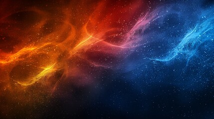 Grainy gradient blend of blue, red, yellow, abstract glowing wave, black backdrop, noise texture banner design, vibrant colors