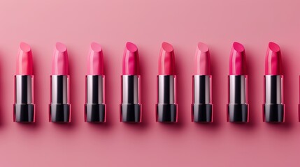 Pink lipsticks in different shades, lined up horizontally, isolated on pink, photorealistic finish, great for skincare and beauty themes