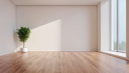 Fototapeta premium Empty room interior background, beige wall, pot with plant, wooden flooring 3d rendering