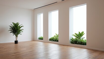 Fototapeta premium Empty room interior background, beige wall, pot with plant, wooden flooring 3d rendering