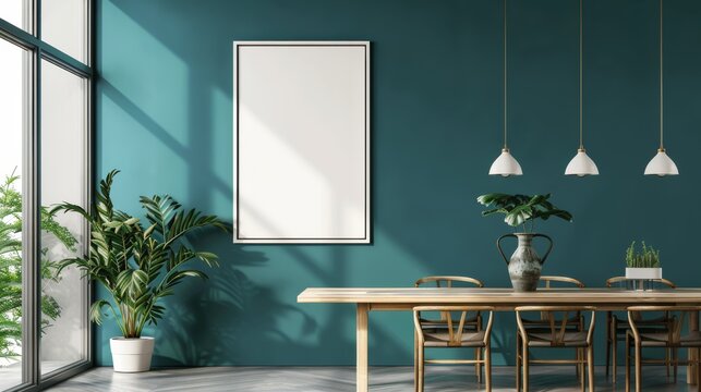 A bright dining room with a white frame with copy space on a teal accent wall, near a farmhouse table and pendant lights.