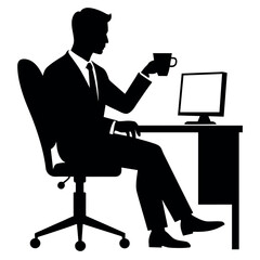 business man drink coffee sitting on the office chair vector silhouette, white background