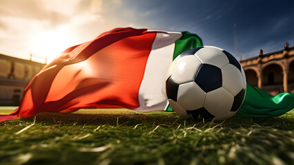 Fototapeta premium The symbolic power of success and victory. soccer ball on Italy flag background. Generative Ai.