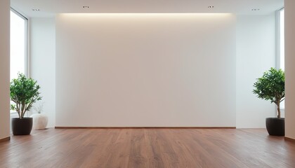 Fototapeta premium Empty room interior background, beige wall, pot with plant, wooden flooring 3d rendering