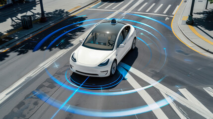self-driving car moving on a city, using advanced technologies for autonomous driving. A white electric car with modern clean lines is surrounded by blue circles and lines superimposed on the road
