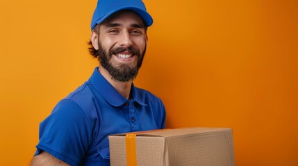 Half-body HDR image of a smiling courier in blue uniform carrying a cardboard box against a orange background, isolated on the right. Depicts efficient delivery services and customer satisfaction