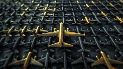 Fototapeta premium 3D illustration depicting a golden leader airplane standing out in a crowd of many black airplanes, symbolizing the concept of being different