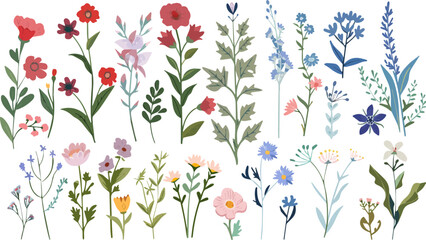 Beautiful romantic flower collection with leaves. Watercolor summer wild field flowers. Idea for wedding, fabrics, card, poster, invitation, decoration, paper design.