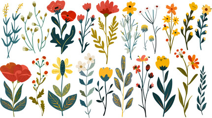 Beautiful romantic flower collection with leaves. Watercolor summer wild field flowers. Idea for wedding, fabrics, card, poster, invitation, decoration, paper design.